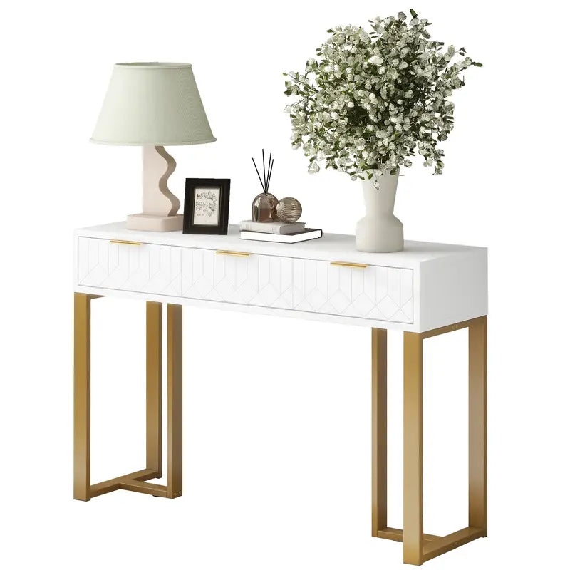 Konsolbord med Gyllene Ram & Vit Topp – 120 × 36 × 80 cm