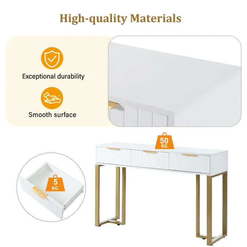 Konsolbord med Gyllene Ram & Vit Topp – 120 × 36 × 80 cm