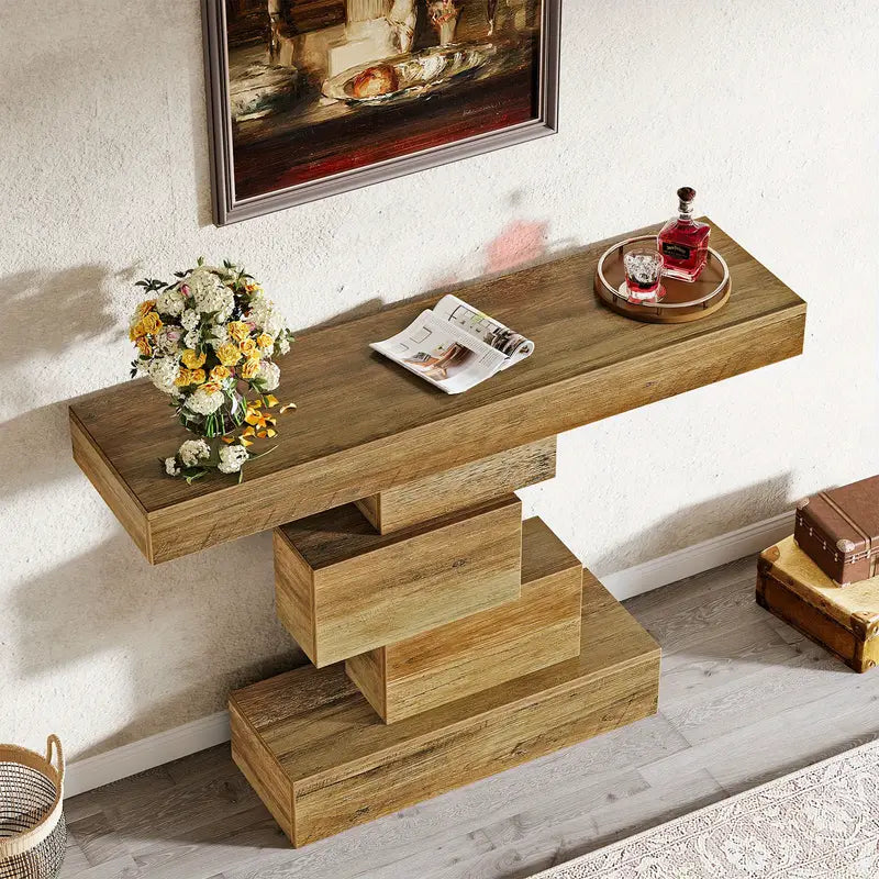 🪵 Rustikt Konsolbord “Staplare” – Skulptural design i naturligt träutseende