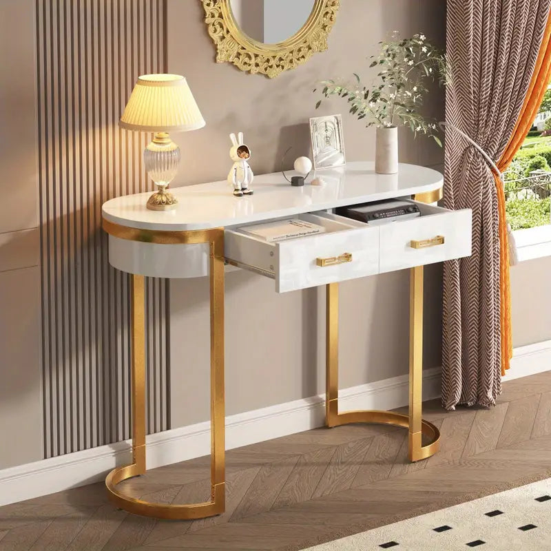 Minimalistisk Konsolbord – Glansigt Vitt & Gyllene Accentbord