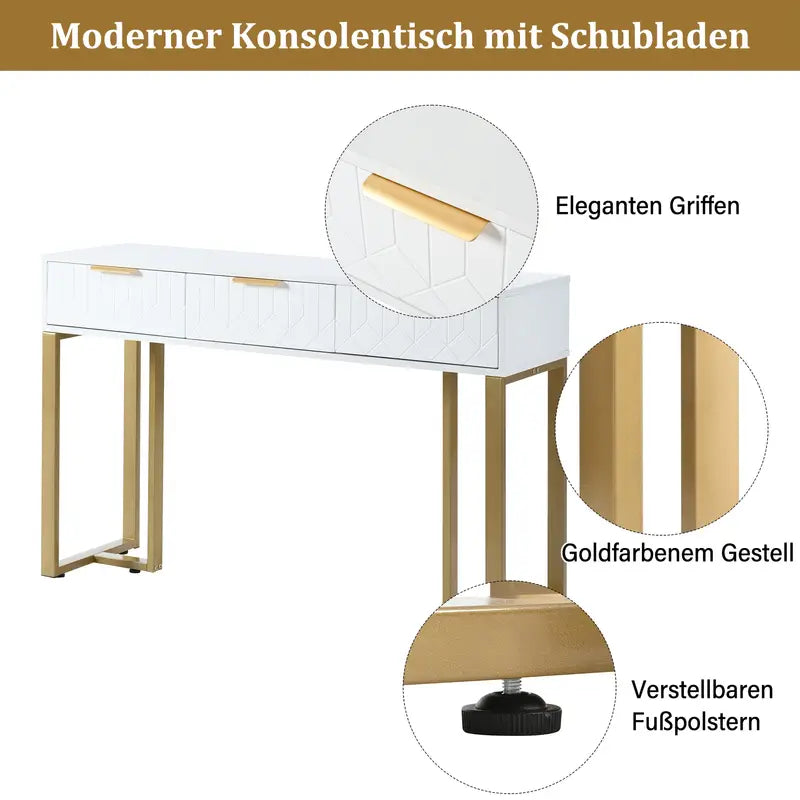 Konsolbord med Gyllene Ram & Vit Topp – 120 × 36 × 80 cm