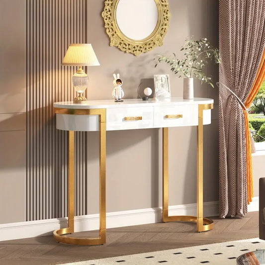 Minimalistisk Konsolbord – Glansigt Vitt & Gyllene Accentbord