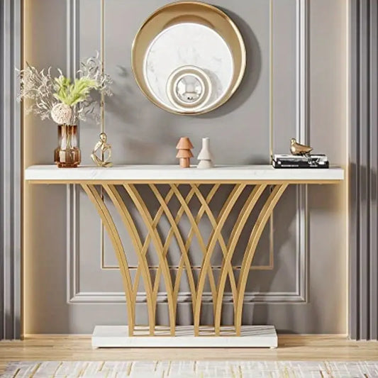CarlErik Konsolbord – Modern Entrédesign med Rutformad Guldmetall & Marmoryta