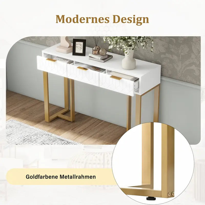 Konsolbord med Gyllene Ram & Vit Topp – 120 × 36 × 80 cm